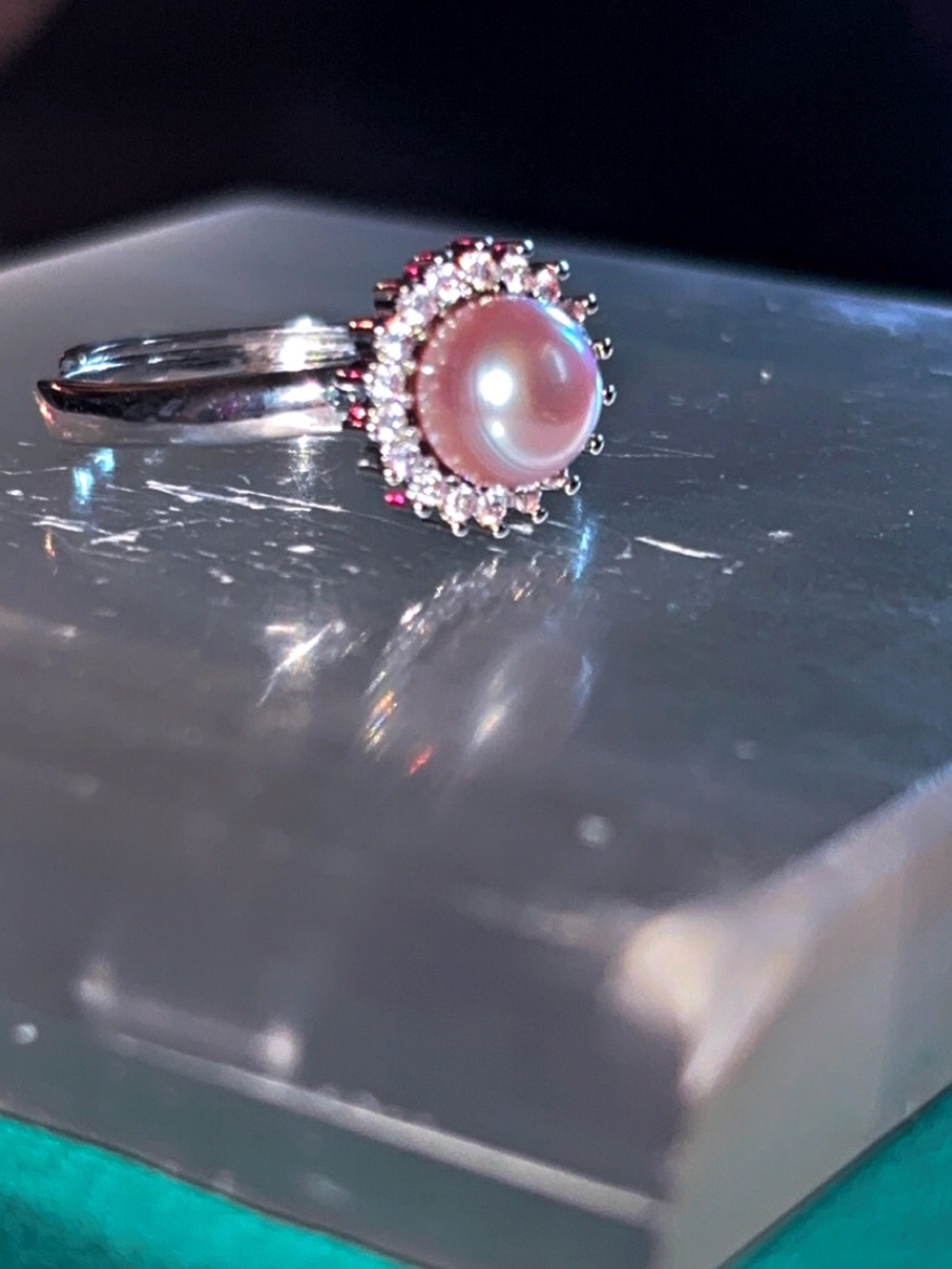 Pink Pearl Sunburst Halo Ring with Clear CZ Accents - Women Jewelry